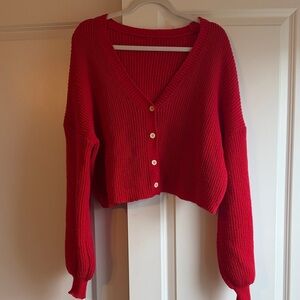 SHEIN Red Cropped V-Neck Button Cardigan